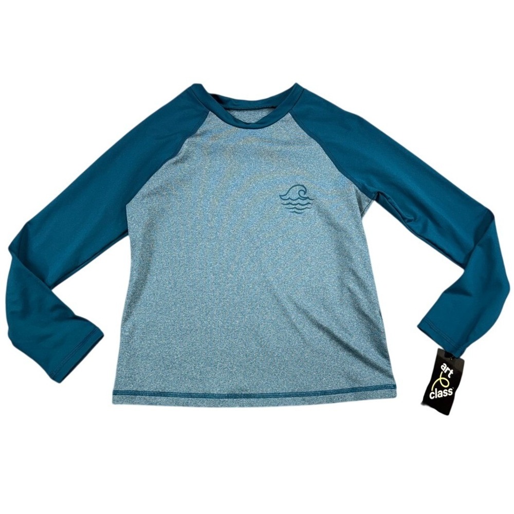 Art Class Boys Rash Guard Long Sleeve UPF 50+ Swim Shirt Blue Wave Size M 8 NWT